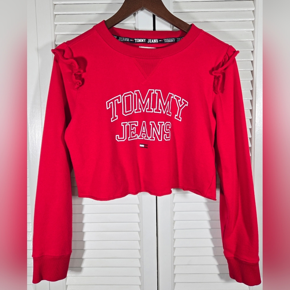 Tommy Jeans Cropped Long Sleeve Ruffle Trim Logo Sweatshirt Sz S